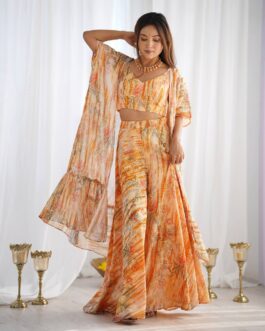 Stylish Indo Western Georgette Shrug Set with Printed Palazzo Pants
